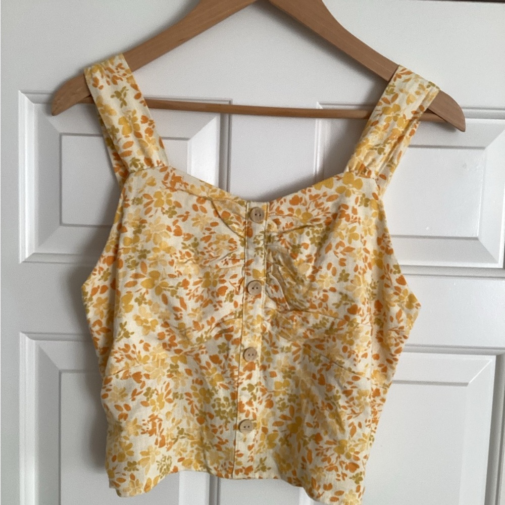 Monteau LA Linen Blend Cropped Floral Print Smocked Top L